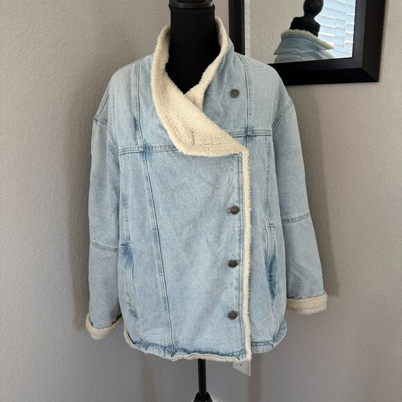 FREE PEOPLE We the Free Twisted Heart Cozy Blue Denim Fleece Jacket Medium - Picture 4 of 15